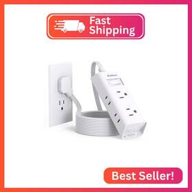Addtam Ad308l Flat Extension Cord 10 Ft - Plug Power Strip With 6 Outlets Extender