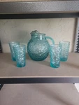 Vintage Anchor Hocking Lido Milano Glass Aquamarine Ball Pitcher And Cups (4). Fixed Price $95.00.