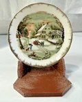 Vintage Currier & Ives Homestead Winter Gold Trim Miniature Plate Stand. Fixed Price $5.00.