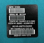 Military Data Plate RT-1523E Sincgars Radio Army Usmc. Fixed Price $20.00.